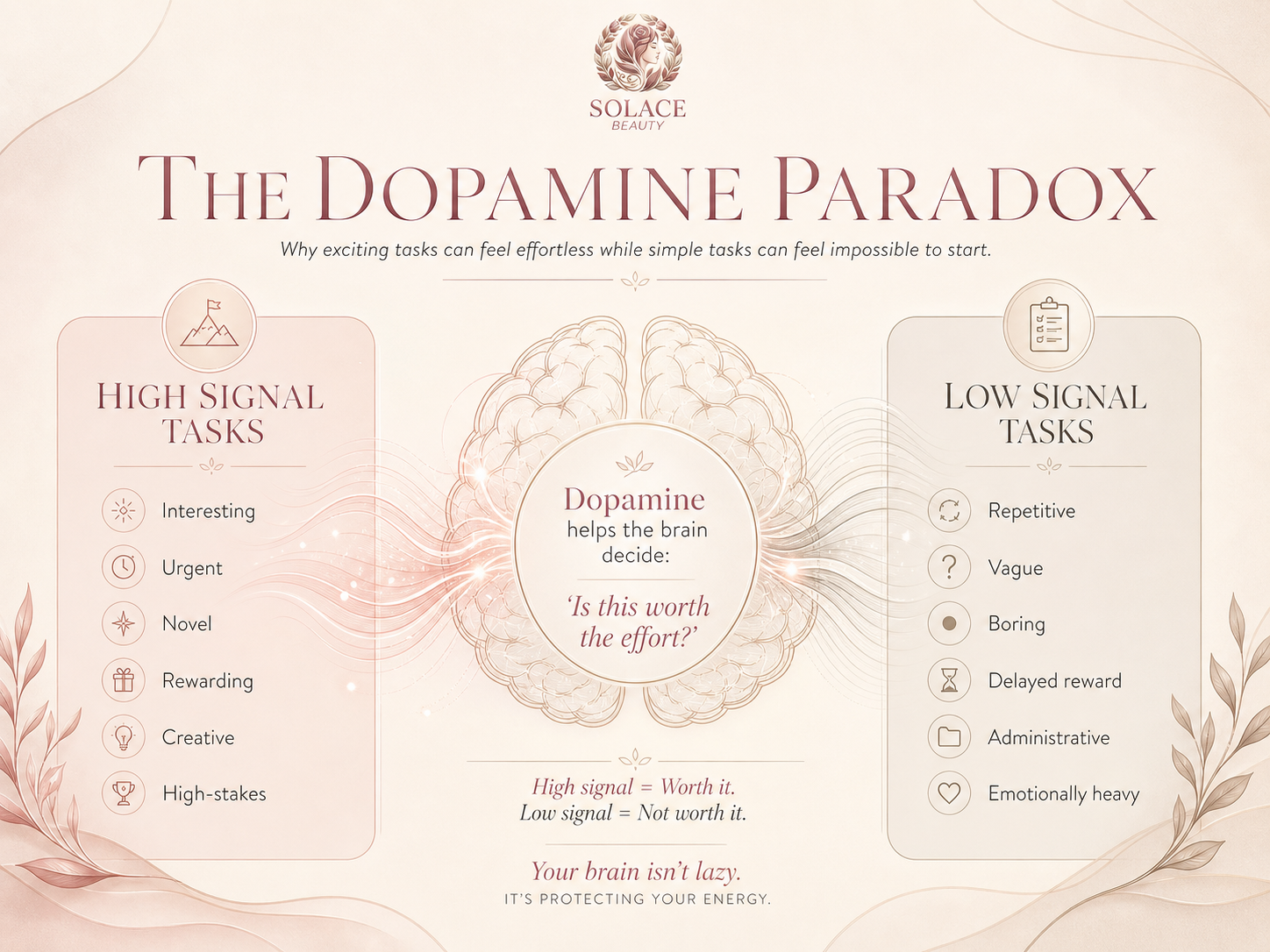 The Dopamine Paradox infographic comparing high and low signal tasks