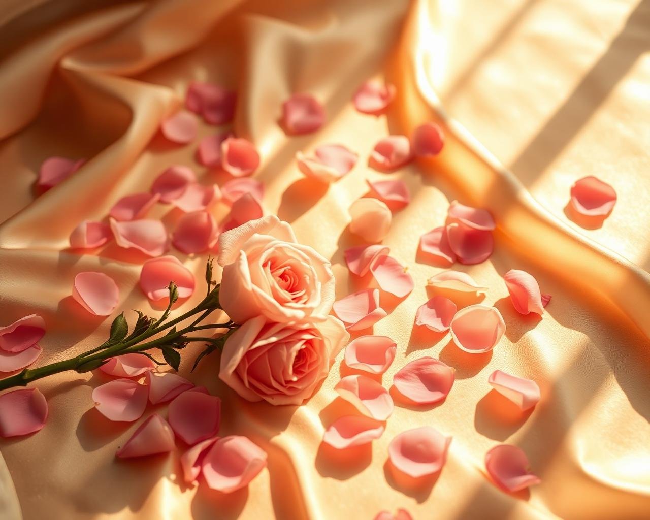 Soft editorial visual of rose petals on champagne silk