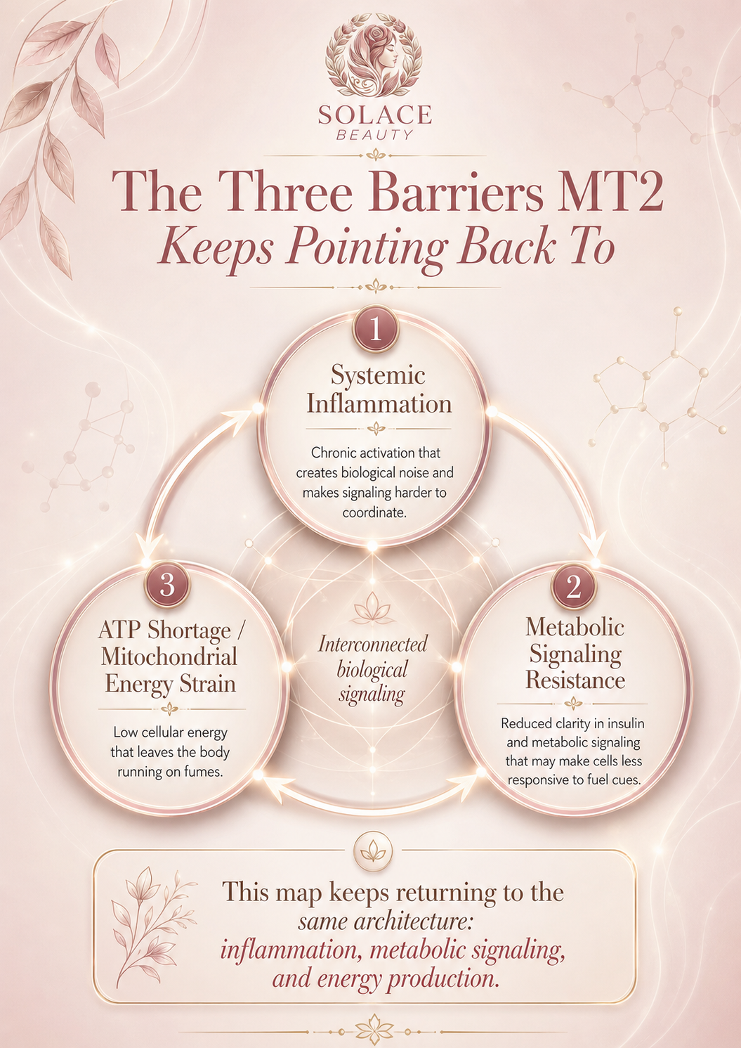 The three barriers MT2 keeps pointing back to: systemic inflammation, metabolic signaling resistance, and ATP shortage.