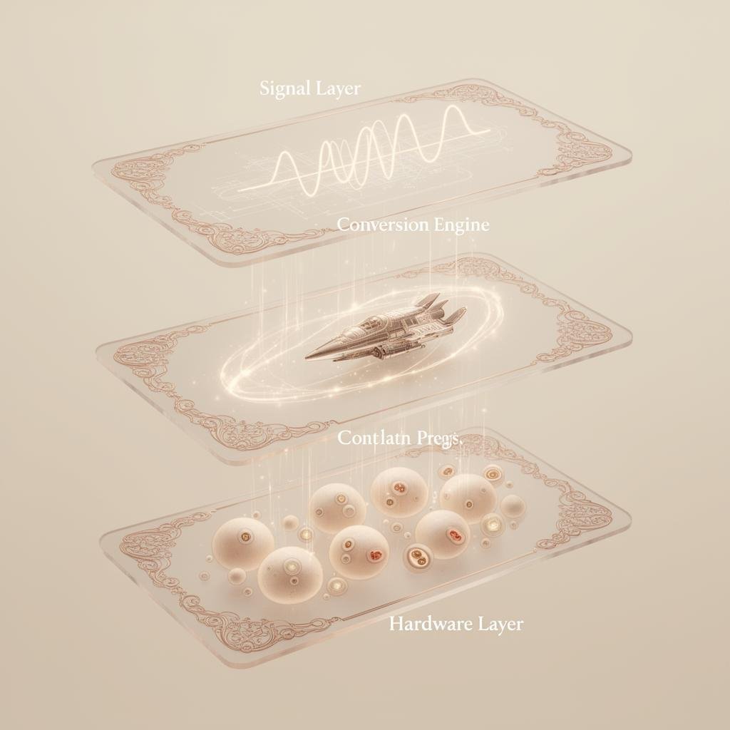 Three luxury translucent cards stacked, representing the Signal Layer, Conversion Engine, and Hardware Layer.