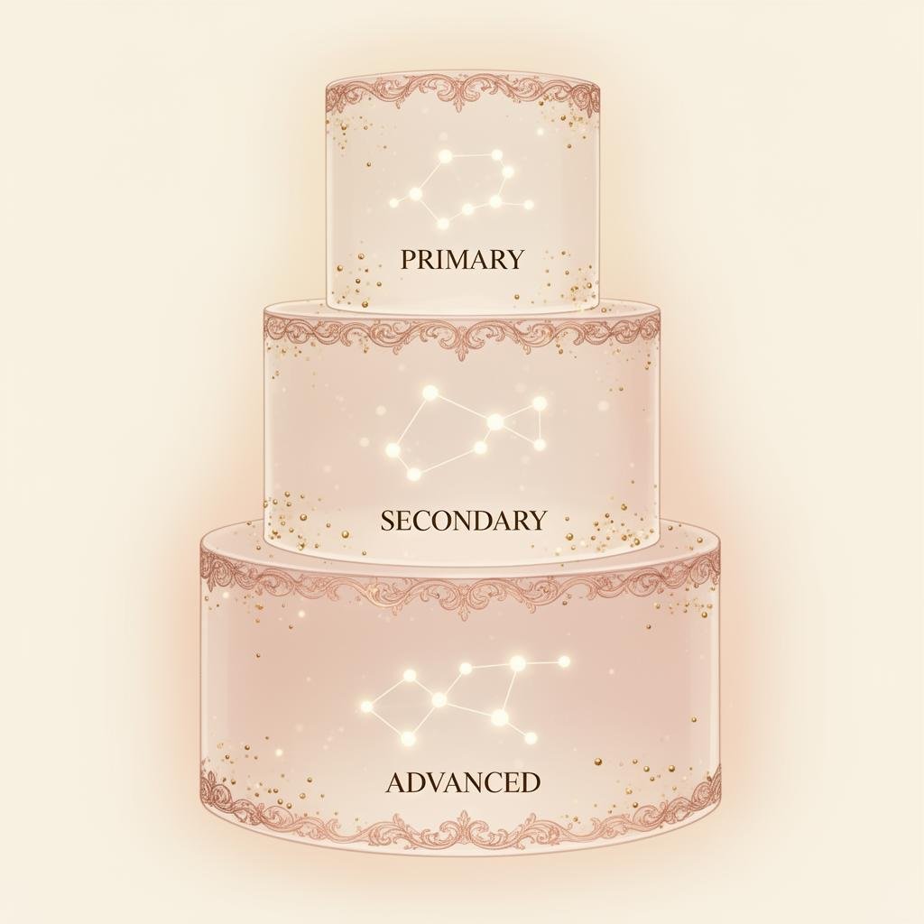 A tiered diagram resembling a soft cake of three translucent levels, Primary, Secondary, Advanced, with luminous lab-dot constellations.