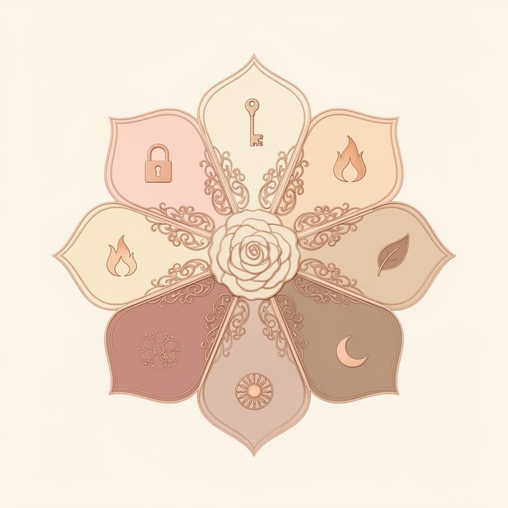 A floral mandala with six soft petal segments around a central rose, each carrying a small symbolic icon.