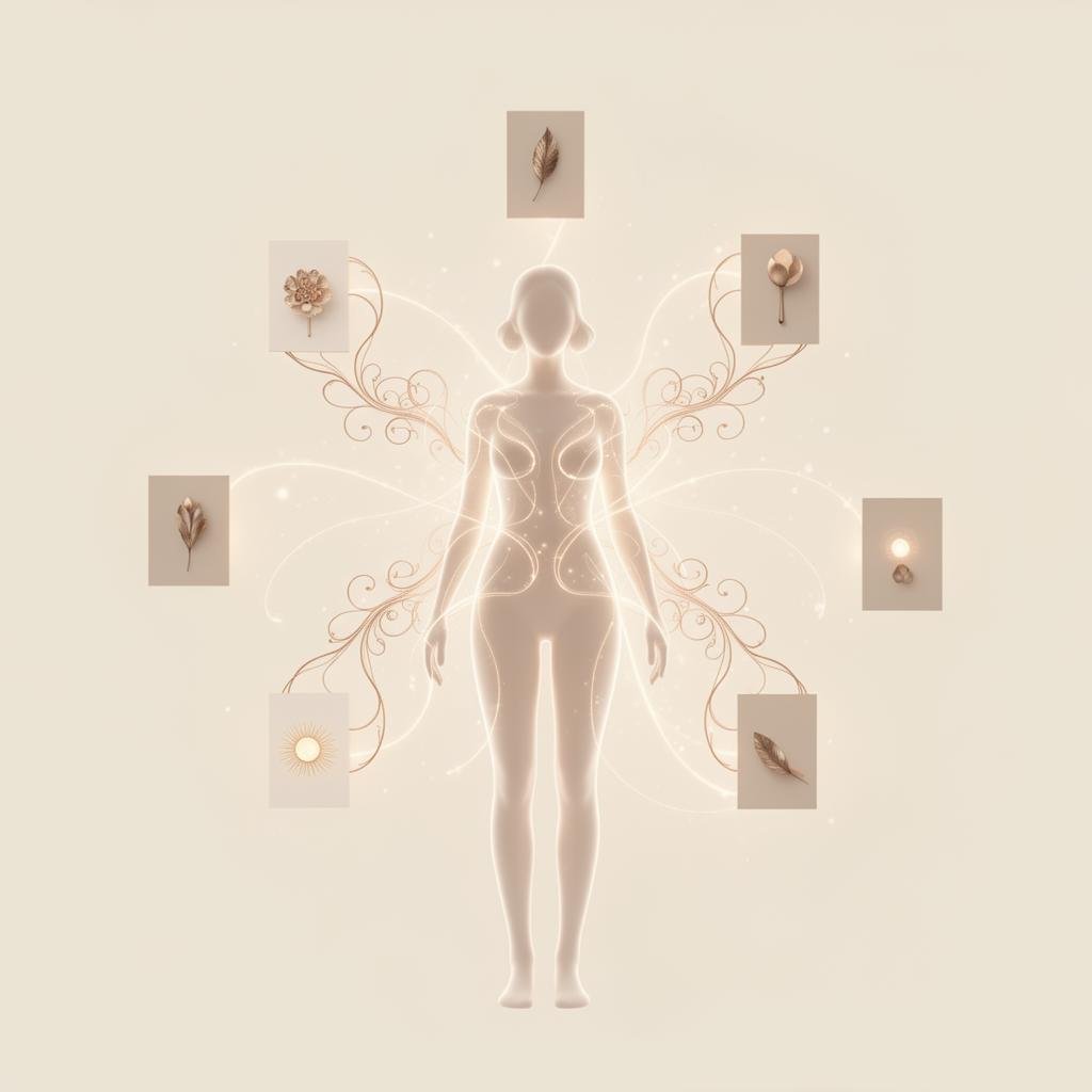 A glowing feminine figure with rose-gold filigree pathways extending to small floating symbolic cards.
